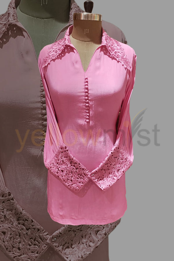 Pink Embroidered Collar Tunic With Cutwork